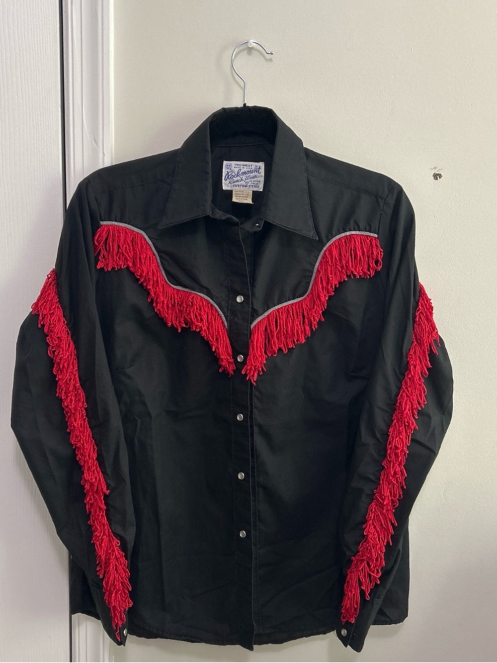 Vintage Western Fringe Button-Down Shirt - Black with Red Trim